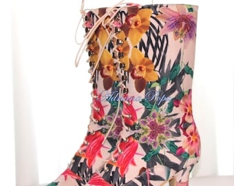 Eco Leather Boots Victorian Boots Spring Boots Flower print Boots Bridal Boots Kinky  Boots Cosplay boots Larp shoes Custom made shoes Boho