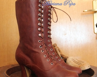 Brown Victorian Boots Lace up Booties in Brown Chocolate leather Edwardian boots Custom shoes