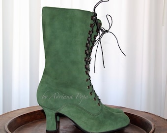 Brunnenkresse Wildleder Stiefel Grün Stiefel Viktorian Stiefel Edwardian Stiefel Oma Stiefel Retro Stiefel Cosplay Stiefel Theaterschuhe 1900er Stiefel