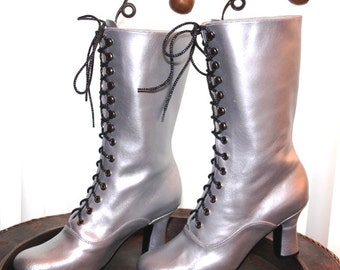 Silber Metallic Leder Stiefel Silber Hochzeitsstiefel Viktorianisch Stiefel Silber Schnürstiefel Cosplay Stiefel Brautstiefel Retro Stiefel Custom