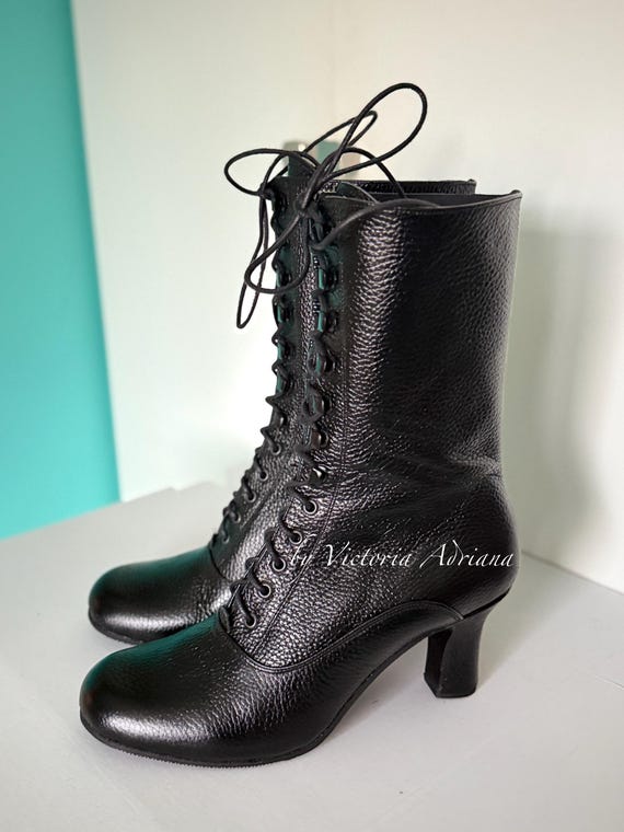 Black Leather Lace-Up Boots with Textured Finish Handmade Black Leather Ankle Boots | Lace-up Fashion  main image 4