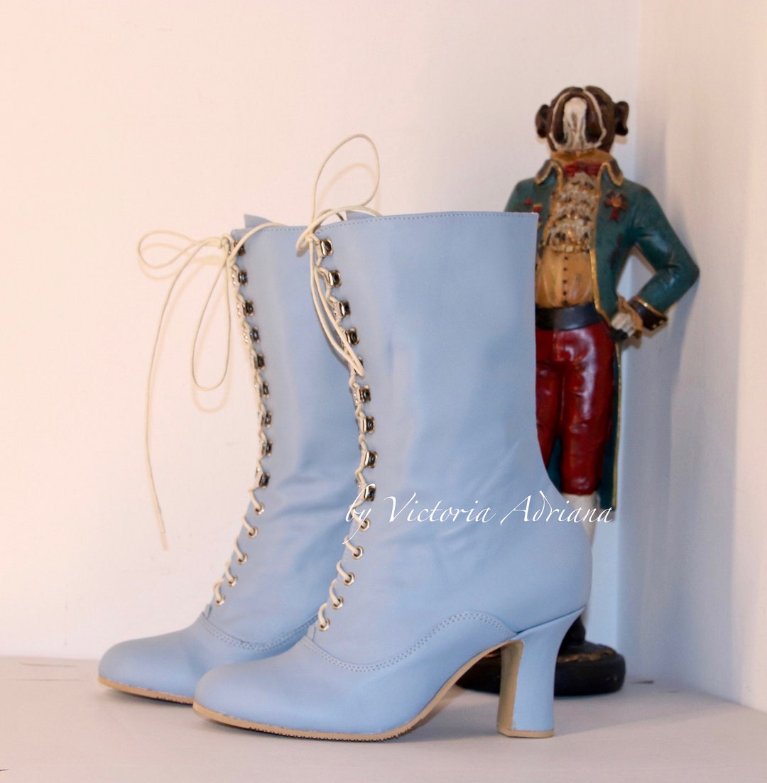 Blue Boots Blue Leather Shoes Blue Victorian Boots Baby Blue Boots