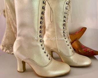 Pearly Leather Boots Pearly Ivory Boots Ivory shoes White Victorian Boots Wedding Boots Pearlescent Boots Bridal shoes Bridal Boots Custom