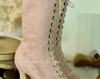 Powder Pink suede leather Boots Victorian Boots Powder Pink Boots Wedding Boots Bridal Boots Princess Boots Lace up Pink Boots 1900 style