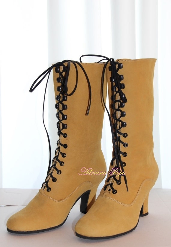 Ochre Leather Boots , Victorian Boots , Retro Boots , Mustard 