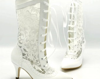 Bridal Boots , Bridal shoes , White Lace Boots , Wedding shoes , Wedding Boots , White Leather and Lace Boots , Wedding French Boots