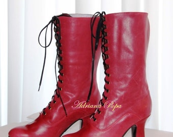 Victorian Boots , Red leather Boots , Wine Red Boots , Carnival Boots , Regency Boots Edwardian Boots Custom made shoes Wide feet Boots