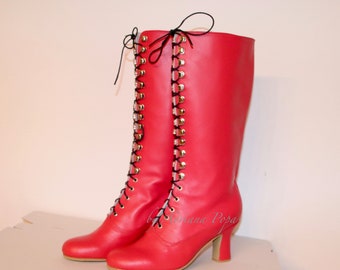 Korallrote Lederstiefel Kniehohe Stiefel Viktorianische Stiefel Korallrote Lederschuhe 1900 Style Stiefel Cosplay rote Schuhe Boho Boots Modestiefel