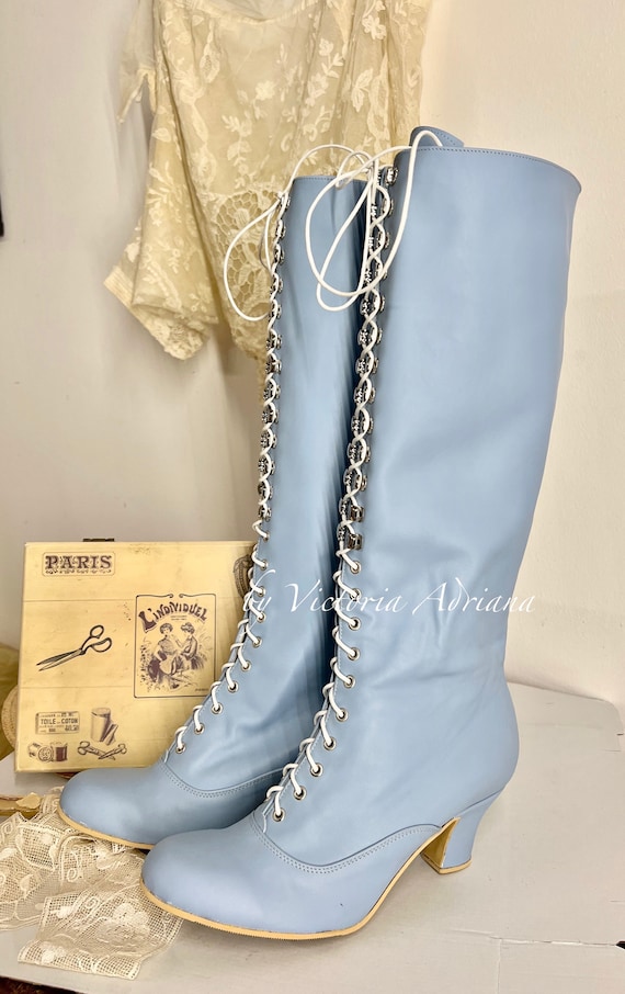 Knee high Boots Blue Leather Boots Victorian Boots Lace up Boots Bridal Boots Downton Abbey shoes Victorian wedding shoes