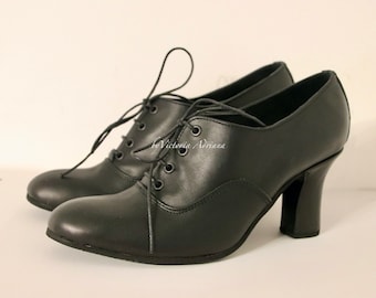 Schwarze Oxford-Schuhe zum Binden, Mid-Century-Stil, viktorianischer Stil, Absatz, schwarze Lederschuhe im 1920er-Stil, Oma-Schuhe, Retro-Schuhe, Karnevalsschuhe