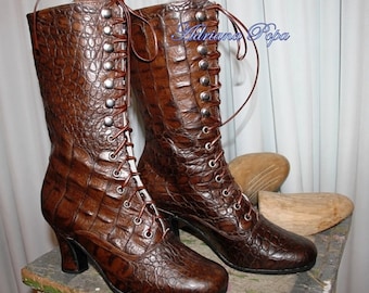 Brown Embossed leather Boots Edwardian Boots Victorian Boots Croco embossed leather Boots Brown Retro Boots Kinky Boots  CosplayBoots 1900