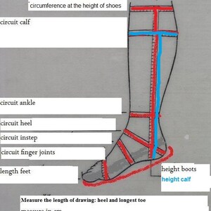 May include: Diagram showing measurements for officer's high boots. The diagram includes measurements for the calf, ankle, heel, instep, finger joints, and length of the foot. The diagram also includes measurements for the height of the boots and the height of the calf.