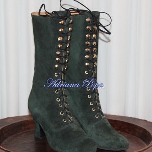 Dark Green Boots , suede Leather Boots , Victorian Boots , Dark Green Lace up Boots , Granny style Boots , Festival Boots , Edwardian Boots image 1