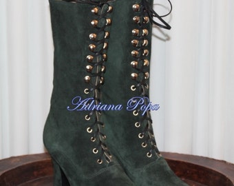 Dark Green Boots , suede Leather Boots , Victorian Boots , Dark Green Lace up Boots , Granny style Boots , Festival Boots , Edwardian Boots