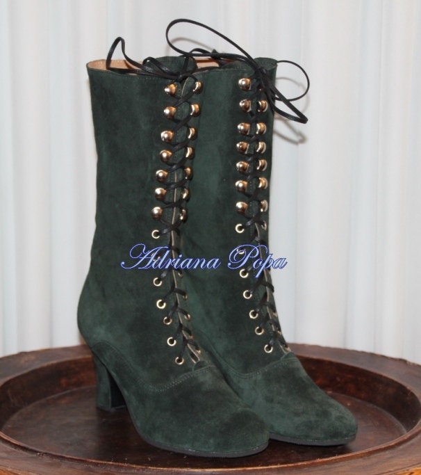 Dark Green Boots Suede Leather Boots Victorian Boots Dark Etsy