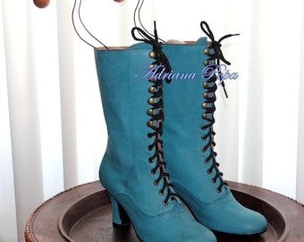 Turquoise Leather Boots , Victorian Boots , Green Boots , Edwardian Boots , 1900 Boots , Costume boots , Comfort Boots , Urban boots