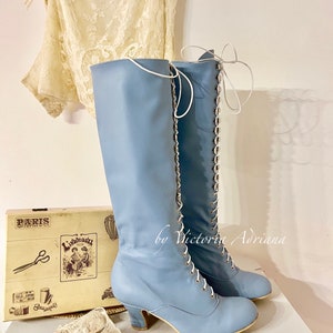 Knee high Boots , Blue Leather Boots , Victorian Boots , Lace up Boots , Bridal Boots , Downton Abbey shoes Victorian wedding shoes