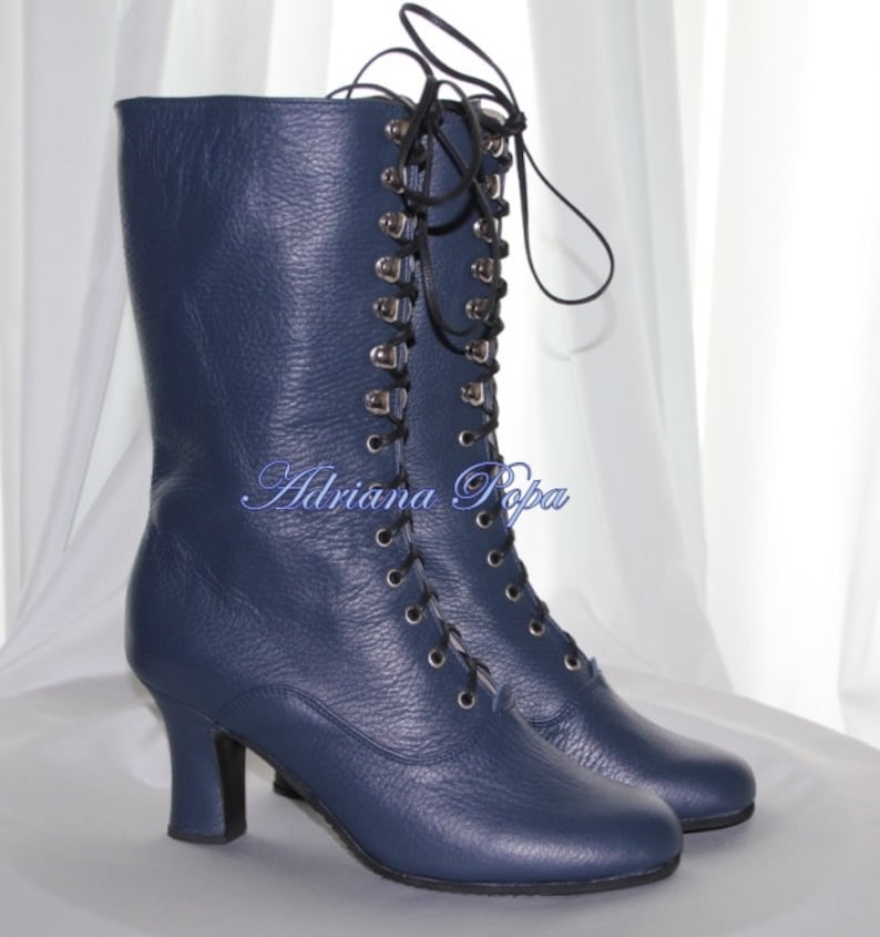 Marine viktorianischen Stiefel, Marine Lederschuhe, Edwardian Stiefel, Knöchel Schnürung Booties Marine viktorianischen Stiefel, Marine Lederschuhe, Edwardian Stiefel, Knöchel Schnürung Booties
