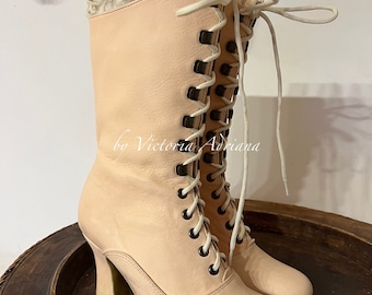 Botas de couro pêssego blush, botas pêssego acinzentado, sapatos pêssego bebê, botas vitorianas, botas de casamento, botas de noiva, sapatos pêssego, sapatos de luxo, retrô