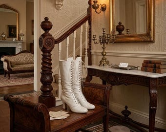 White Fashion Boots , Knee High Boots , White Leather Boots , Weeding Boots , White Bridal shoes , Regency boots , Victorian wedding shoes