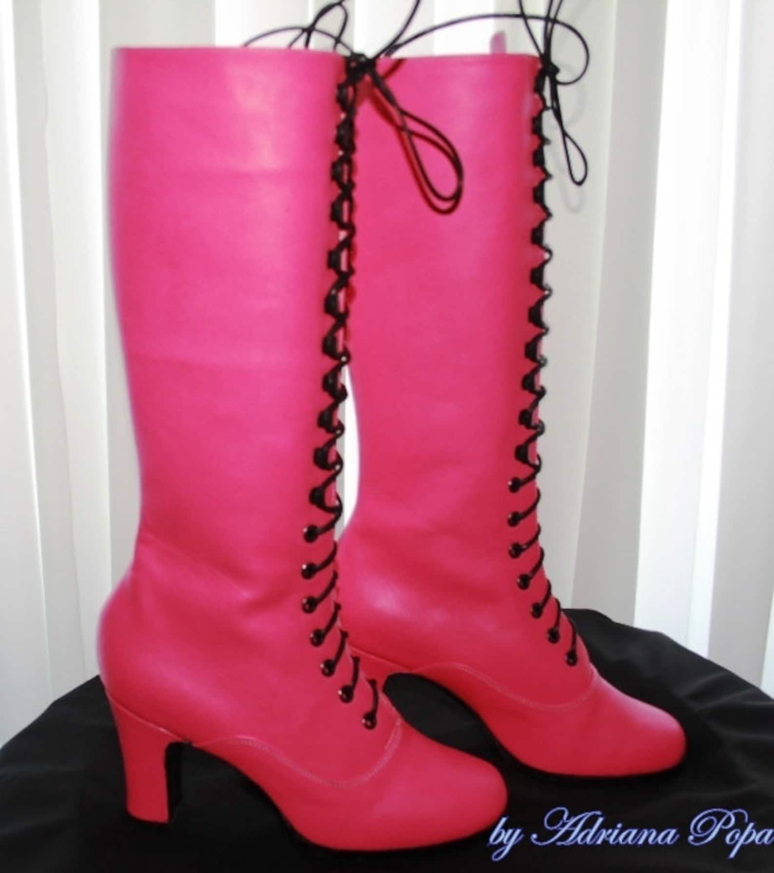 Pink Leather Boots Pink Barbie Boots Victorian Boots style | Etsy