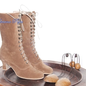 Beige caramel Boots Victorian Boots Toffee Beige Boots Regency boots Granny Boots Suede leather Boots 1900s shoes Costume boots Wide feet