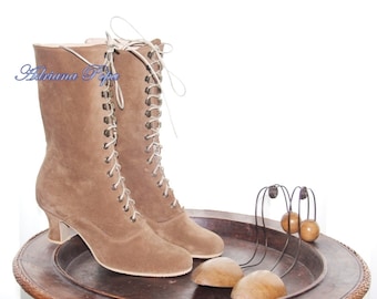 Beige caramel Boots Victorian Boots Toffee Beige Boots Regency boots Granny Boots Suede leather Boots 1900s shoes Costume boots Wide feet