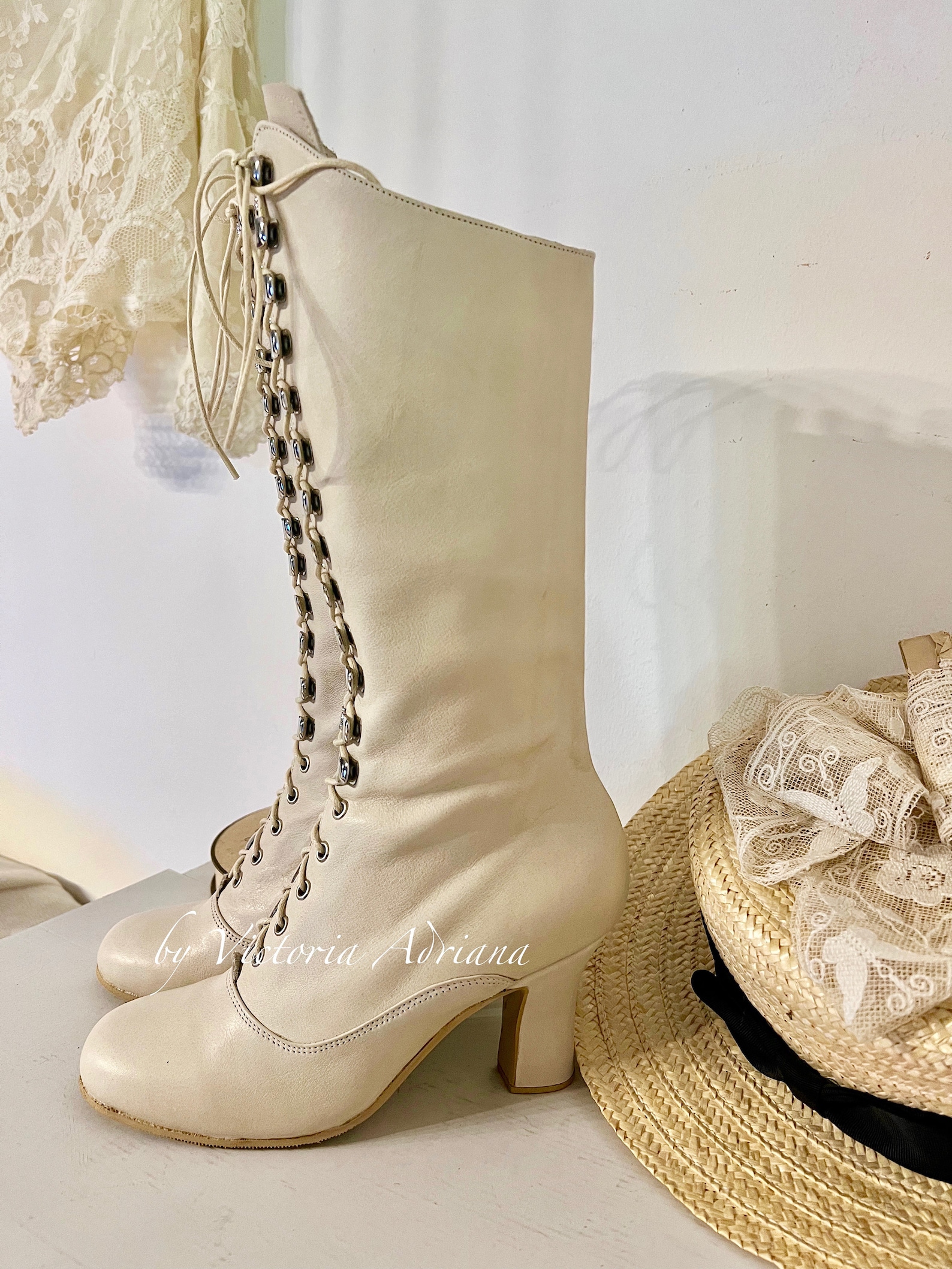 Off White Boots Knee High Boots White Leather Boots Victorian Etsy
