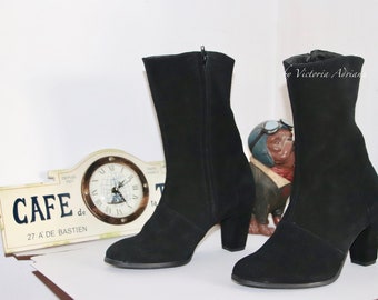 Last pairs , Ready to Ship ,Black Boots , Black suede leather Boots , Ankle Zipped Boots , Ankle Boots , Block heels Shoes Urban