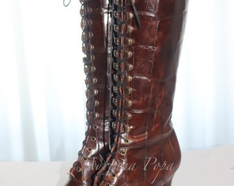 Knee High Victorian Boots Croco embossed leather Boots Brown Edwardian Boots Kinky Boots Burning man Boots Custom made