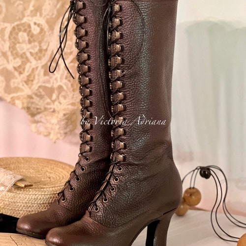 90s Victorian boots leather suède y2k Knee High Boots , Embossed Leather Brown Boots , 1900's Style