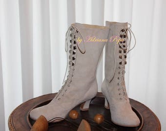 Raw leather Victorian Boots Taupe leather Boots Retro Boots Custom made boots Cosplay Boots