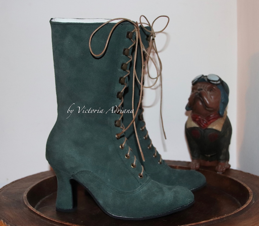 Dark Green Boots , Green Suede Leather Boots , Victorian Boots
