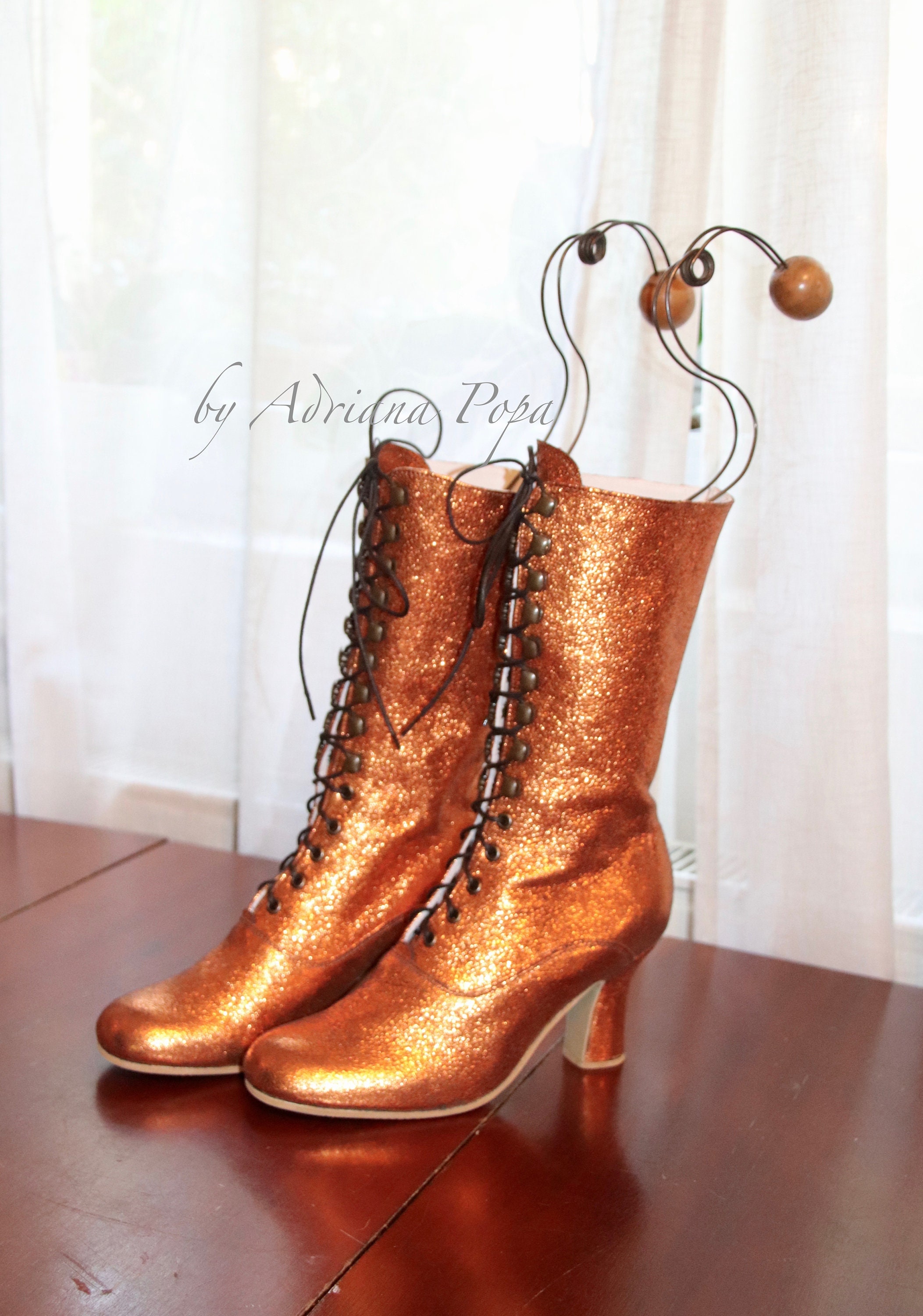 Orange Shimmer Leather Boots Orange 