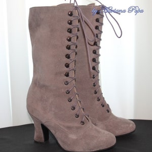 Tan suede leather Boots , Victorian Boots , Granny Boots , Charcoal leather Boots , Mushroom colour Boots , Custom made Boots , 1900 shoes