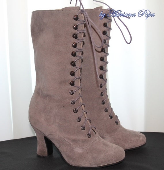 Tan Suede Leather Boots , Victorian Boots , Granny Boots  display picture 2
