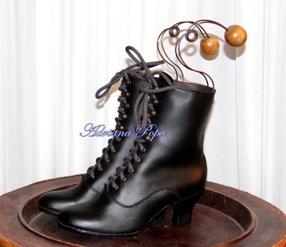 Black Leather Victorian Ankle Boots