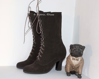 Brown Boots , dark Brown Boots , brown suede Leather Boots , Victorian Boots , Brown Ankle Boots , 1900's style Boots , Granny boots