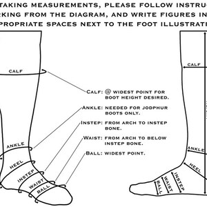May include: Diagram showing how to take measurements for boots, including calf, ankle, heel, instep, waist, and ball of the foot.