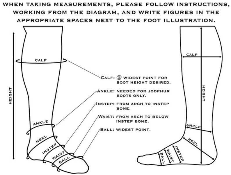 May include: Diagram showing how to take measurements for boots, including calf, ankle, heel, instep, waist, and ball of the foot.