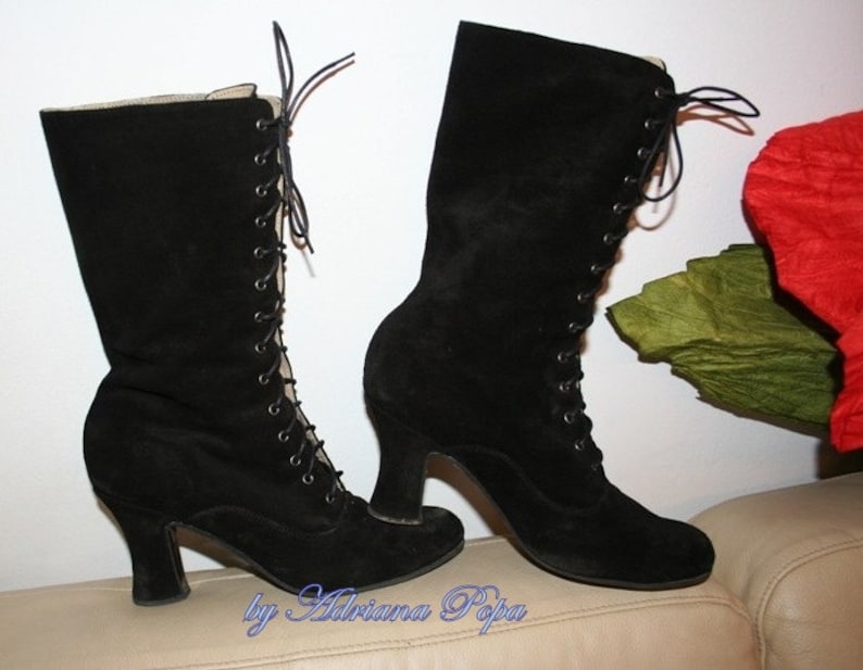 Granny boots Custom made boots Historical boots black suede leather Booties Edwardian boots Victorian Boots