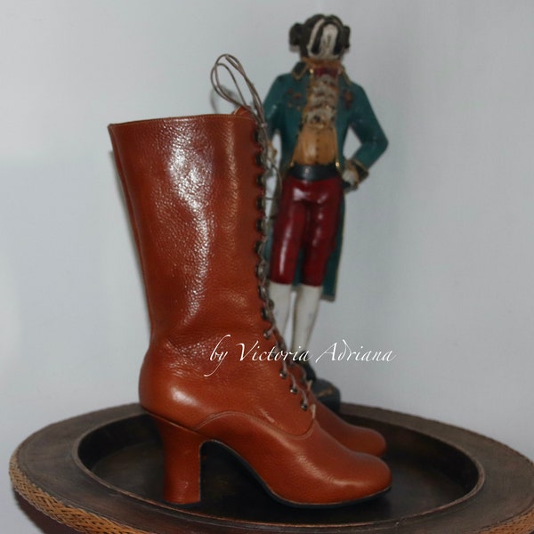 1900's style Boots , Brown Polish Embossed Leather Boots , Granny Boots , Victorian Weeding shoes Retro Boots Downton Abbey boots Wide feet