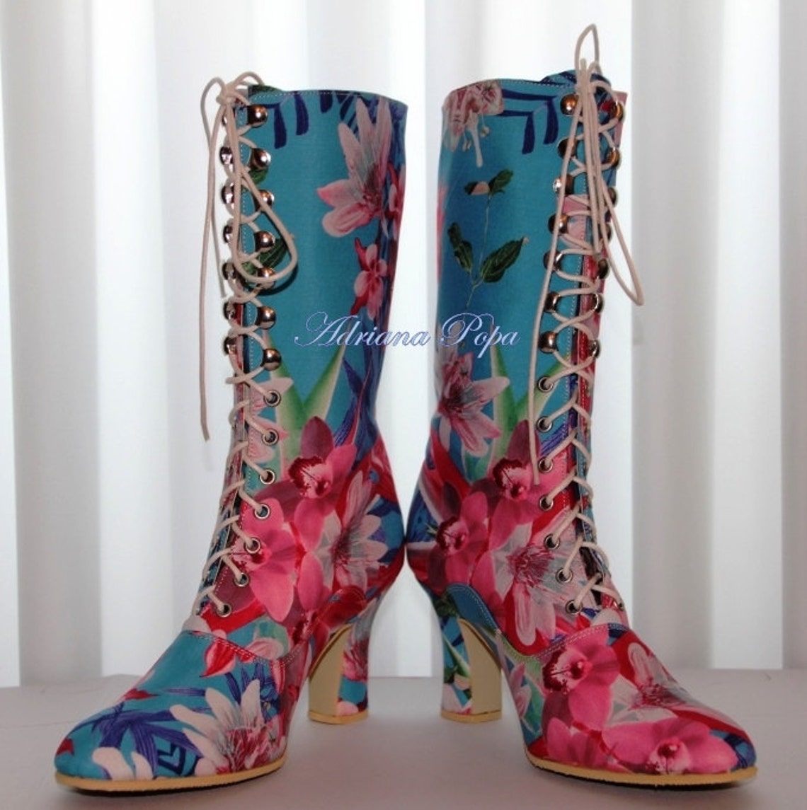 Floral Swan Pattern Print Men Women Leather Boots main image 1