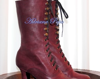 Dark Burgundy Boots , leather Boots , Victorian Boots , Louise Heel Boots , Dark Cherry Boots , Granny Boots Wedding boots Custom made Boots