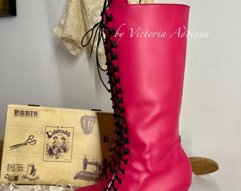 Barbie Boots , Fuchsia Boots , Pink Boots , Pink Leather Boots , Victorian style Boots , Knee High Boots , Lace up boots , Kinky Boots