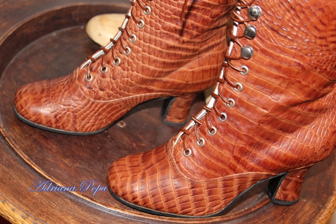 Victorian Boots Embossed Leather Boots Ankle Lace up Boots Edwardian ...