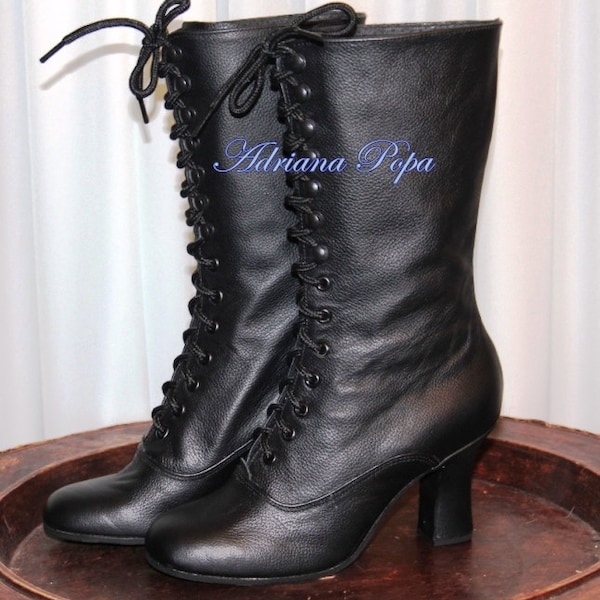 Black Boots Black Leather Boots Granny shoes Retro style Lace up 1900's Boots Custom made Comfort on Festival