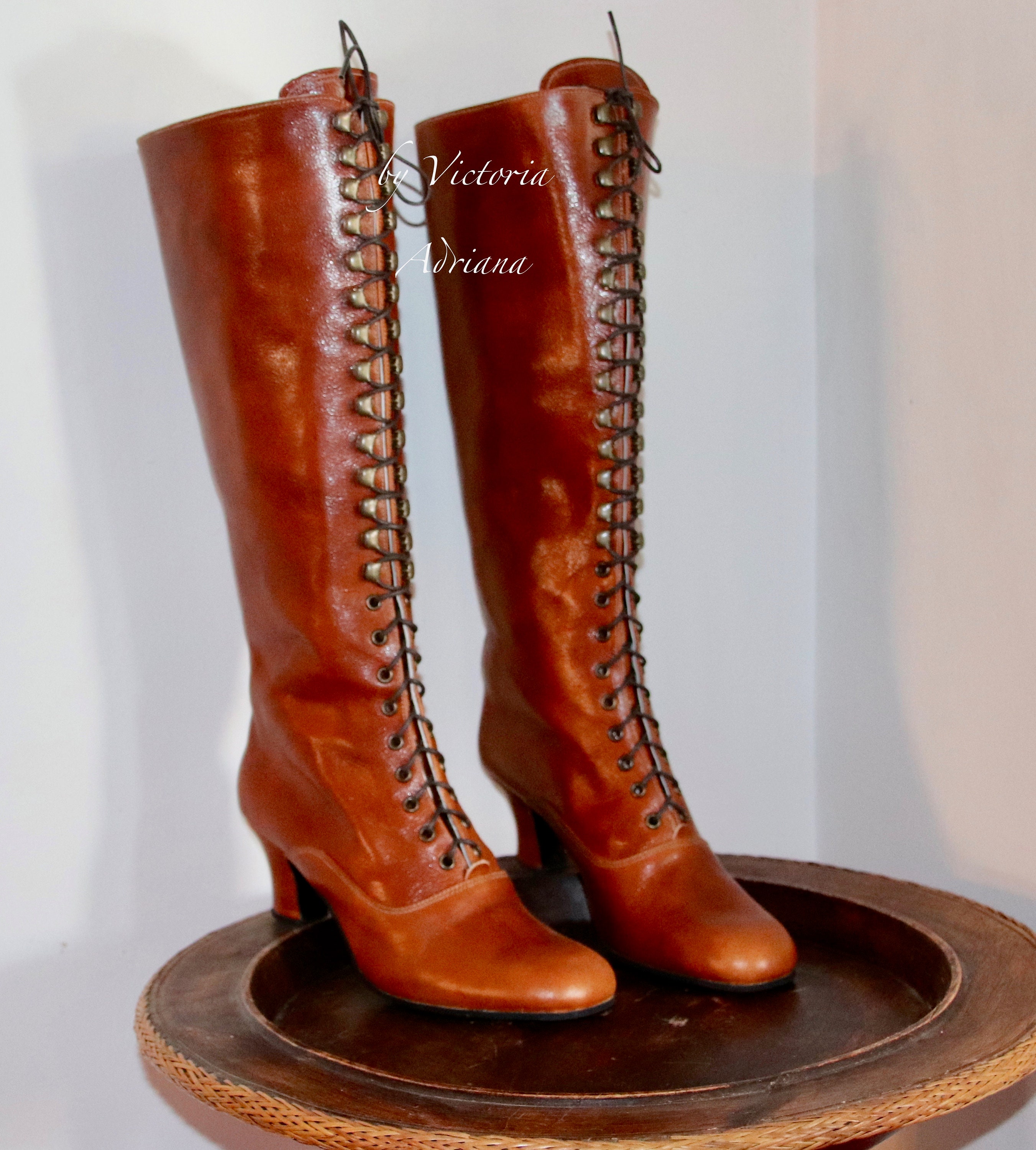 【COLOR iN ID】paper leather long boots Leather Knee High Boots , Victorian Style Boots , Brown