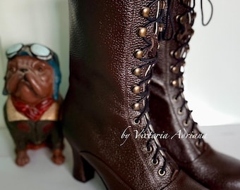 Brown lace up Boots , embossed Brown Leather Boots , Victorian Brown Boots , Solid calf Boots , Custom made Boots , Wide feet Boots