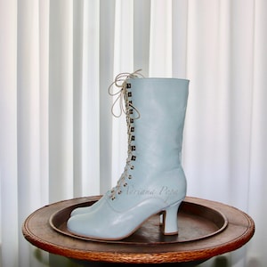 Light Blue leather Victorian Boots Blue Sea foam Boots Edwardian Boots Wedding Boots Custom made shoes Retro boots Hand made shoes